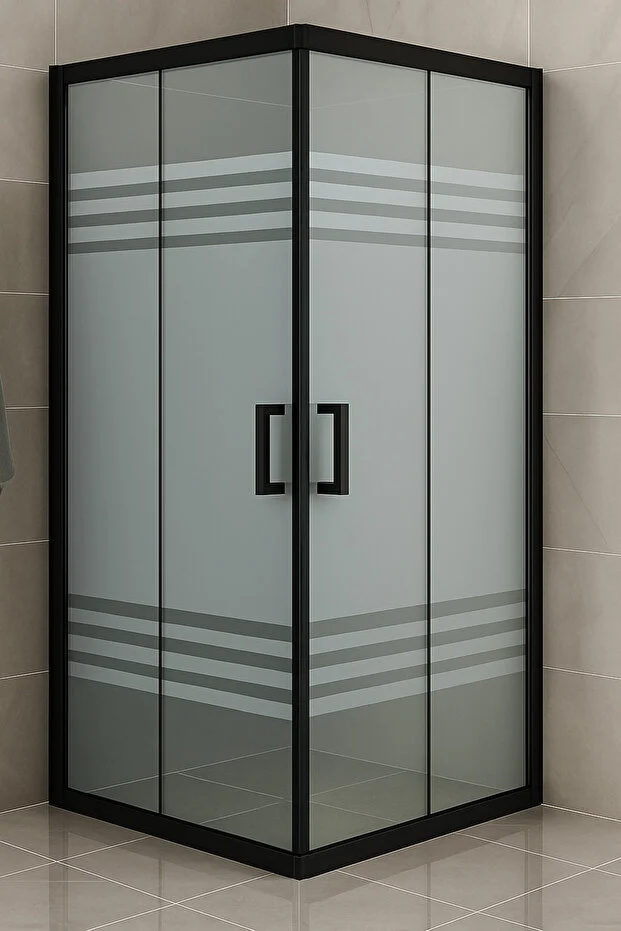 Kare Kumlama Trio Desenli 5 mm Temperli Siyah Profil Sürgülü Cam Duşakabin 190 cm Teknesiz